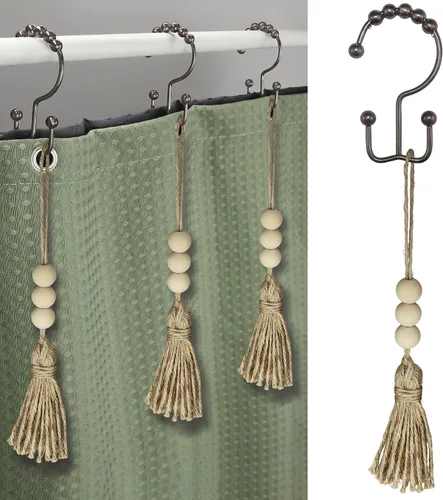Vista 7 de Ganchos bohemios para cortina de ducha, anillos para decoración de baño, 12 piezas náuticas decorativas de acero inoxidable negro, resistentes a