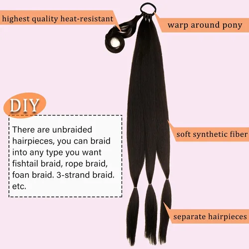 Vista 2 de Extensión de cola de caballo de trenza larga con lazo elástico, 1 unidad, extensiones de cabello sintético lacio y elegante envolvente para mujer