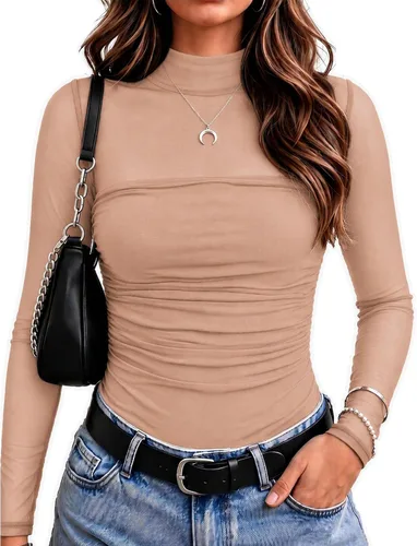 Vista 8 de Zeagoo Blusa de manga larga de malla para mujer, cuello alto, fruncido Estampado floral