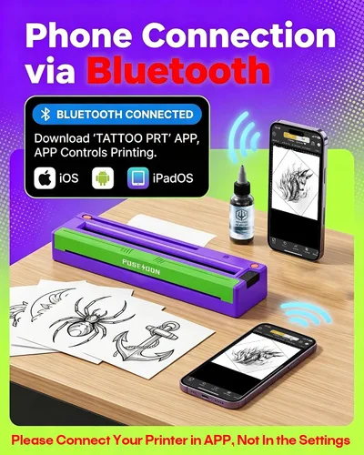 Vista 4 de Máquina de impresora de plantillas de tatuaje Poseidon con papel de Bluetooth inalámbrico, máquina de tatuaje térmico, para artistas del tatuaje