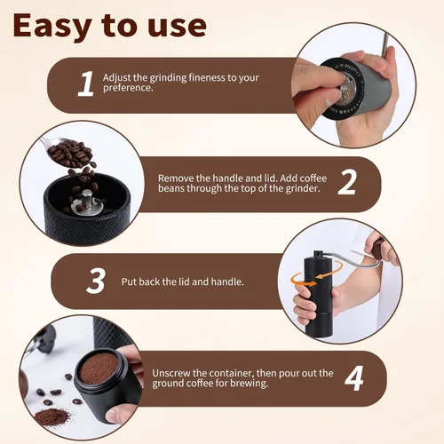 Vista 6 de Molinillo de café manual, capacidad de 0.88 oz, fresas cónicas de acero inoxidable CNC con ajuste interno ajustable, molino de café portátil