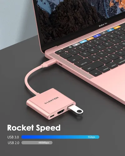 Vista 4 de LENTION Hub USB-C 3 en 1, adaptador HDMI 4K con USB 3.0 y carga PD de 100 W, compatible con MacBook/Surface/iPad Pro, oro rosa Ideal for Work &