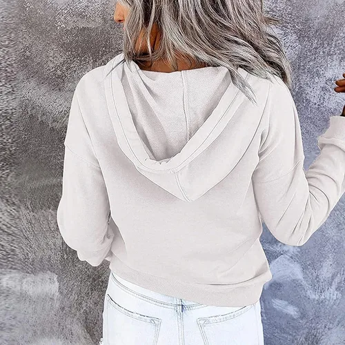 Vista 68 de Sudaderas con capucha para mujer, con cuello de botón, sin botones, con cordón, manga larga, lindas, ropa para adolescentes y niñas