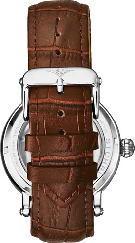 Vista 4 de Stuhrling Original Reloj automático para hombre, caja plateada, bisel plateado, correa de cuero genuino en relieve de cocodrilo
