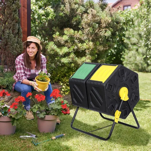 Vista 5 de JupiterForce Contenedores de compostaje de doble cámara, vaso giratorio de compost con 2 puertas correderas para jardines al aire libre, para todas
