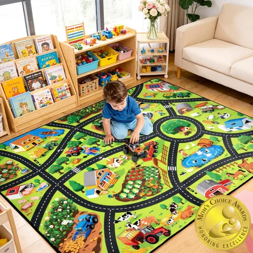 Vista 8 de Alfombra de carretera para niños de 3 x 5 pies, alfombra de juego de coche de ciudad costera para autos de juguete, alfombra educativa de mapa