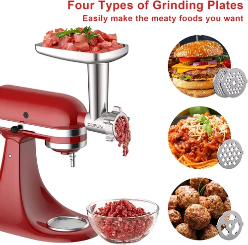 Vista 3 de COFUN Picadora de carne para batidora KitchenAid, molinillo de alimentos de metal con 4 placas de molienda, 3 tubos de relleno de salchichas, 2