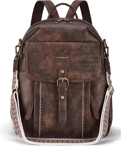 Vista 7 de Missnine Mochila de cuero para mujer, mochila antirrobo, bolsa de hombro convertible con cremalleras seguras para viajes y trabajo, Café, Vintage