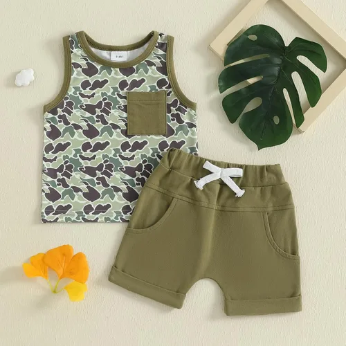 Vista 82 de Ropa de bebé niño sin mangas + pantalones cortos con estampado a rayas con bolsillos, 2 piezas de trajes de verano