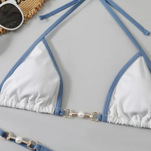 Vista 4 de Conjunto de bikini de tanga triangular acanalada con tanga micro tanga bikini parte inferior traje de baño de dos piezas