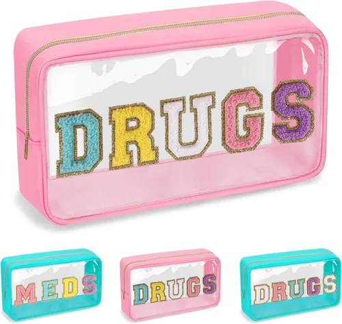 Vista 9 de Iqimott Bolsa de parche de felpilla con letras MEDS transparente, bolsa de maquillaje portátil de preparación para mujeres y niñas, viajes, bolsa