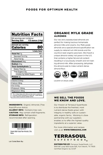 Vista 2 de Terrasoul Superfoods Almendras orgánicas crudas sin pasteurizar (grado milk), 6 libras