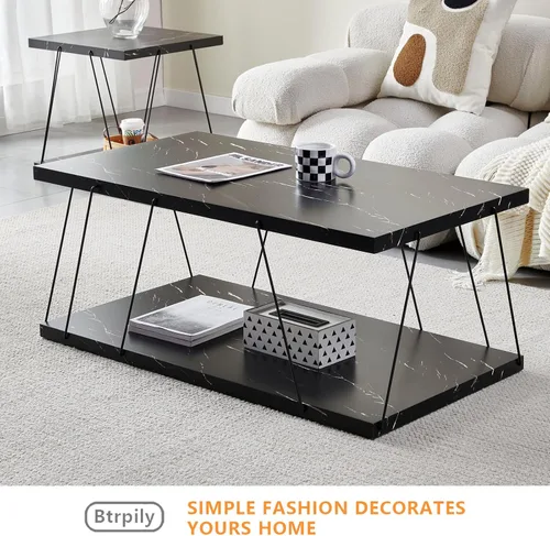 Vista 3 de Btrpily Mesa de centro de madera, moderna mesa de centro de mármol, contemporánea, elegante, muebles de alta gama para tu sala de estar