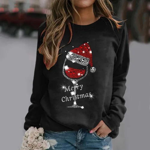 Vista 2 de Sudadera de Navidad para mujer, cuello redondo, estampado de letras, negro del viernes, suéter casual de manga larga