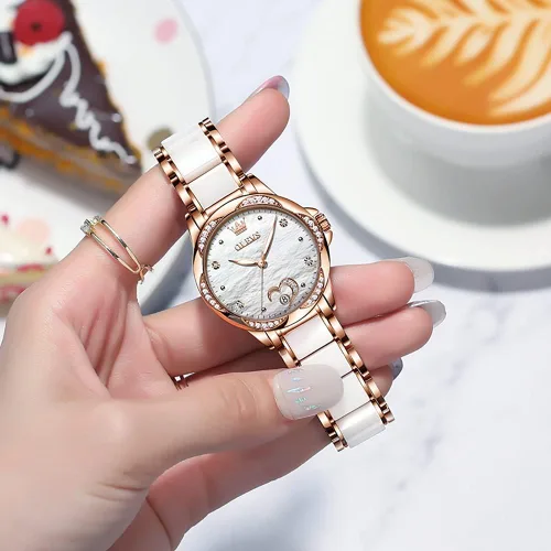 Vista 9 de OLEVS Reloj para mujer automático automático mecánico reloj de pulsera para mujer, cara grande, dos tonos, acero inoxidable, pulsera de cerámica