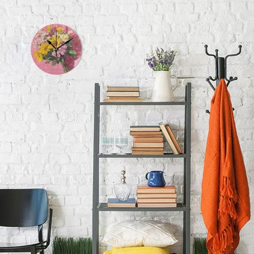 Vista 4 de Retro Flowers with Pink Oil Painting Feel 10 Inch Round Wall Mount Clock Silent Unique for Farmhouse Living Room Living Room reloj de pared