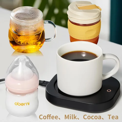 Vista 6 de Calentador de tazas con apagado automático de 4 horas, 3 ajustes de temperatura, calentador eléctrico rectangular negro esmerilado, panel de vidrio
