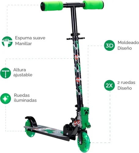Vista 2 de Monopatín de 2 ruedas con ruedas que se iluminan – Plegable, plataforma antideslizante, cómodo y suave para andar Minecraft
