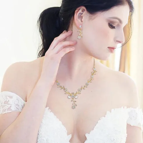 Vista 2 de BriLove Juego de collar con colgante de cristal y flores para mujer, joyería de boda para novia, Cristal Metal