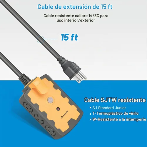 Vista 3 de DEWENWILS Tira de alimentación para taller, tira de 6 salidas con cable de extensión de 15 pies, calibre 14/3C resistente, cable de alimentación