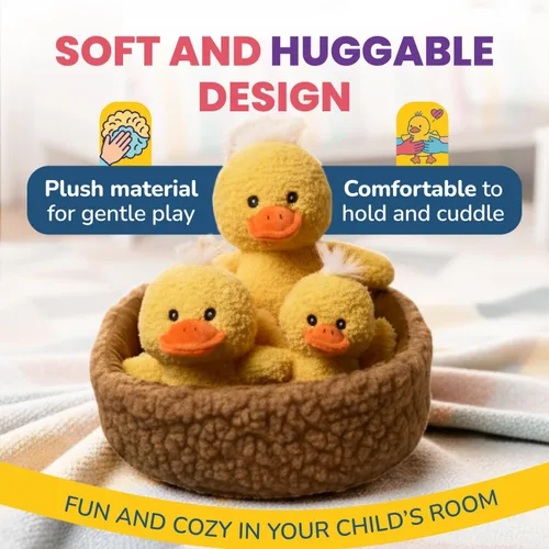 Vista 5 de Juego de juguetes de peluche de la familia de patos de tres piezas, con tres juguetes de peluche de pato amarillo con canasta, peluche suave de pato