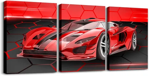 Vista 29 de Feelyou Cuadro azul de carreras para pared, 12 x 16 pulgadas, 3 piezas de autos deportivos de velocidad, lienzo para decoración de pared, diseño