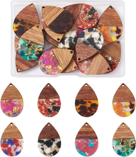 Vista 20 de Beadthoven - Abalorios de madera de resina, aretes de bricolaje para hacer dijes, colgantes de madera de resina geométrica, piezas bohemias