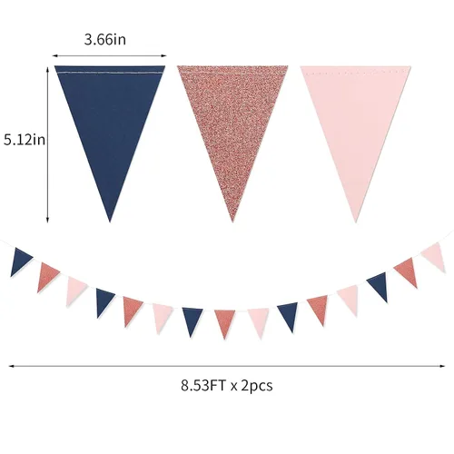 Vista 3 de Banderín de papel azul marino, rosa y oro rosa, paquete de 2 banderines de triángulo con purpurina, 52 pies de revelación de género colgante