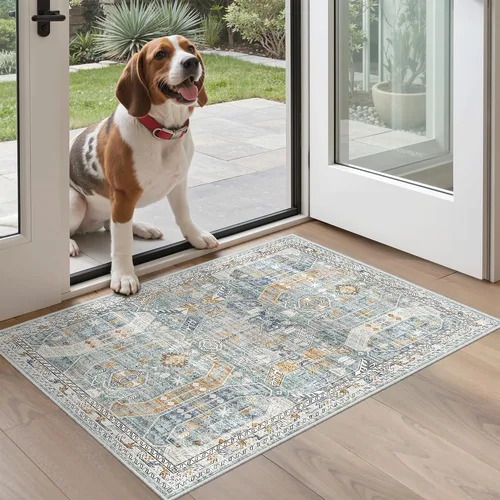 Vista 148 de Madane Alfombra lavable de 2 x 3 pies, alfombra de entrada pequeña, antideslizante, vintage, para entrada interior, alfombra de pelo bajo