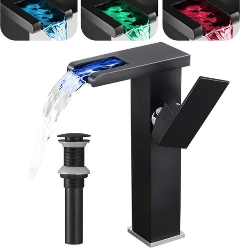 Vista 11 de Grifo de baño con luz LED RGB, boquilla de cascada, color negro, 3 colores cambiantes, mango de un agujero, conjunto de drenaje a juego