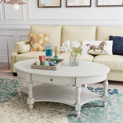 Vista 15 de Mesa auxiliar ovalada de madera con cajón y estante de almacenamiento, 22 x 28" blanco antiguo con cajón-cjz