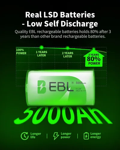 Vista 2 de EBL, pilas recargables C de alta energía de 5000 mAh Ready2Use, 4