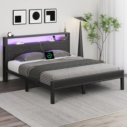 Vista 58 de LOEWAY Base de cama tamaño Queen con cabecero de almacenamiento y luces LED, color gris