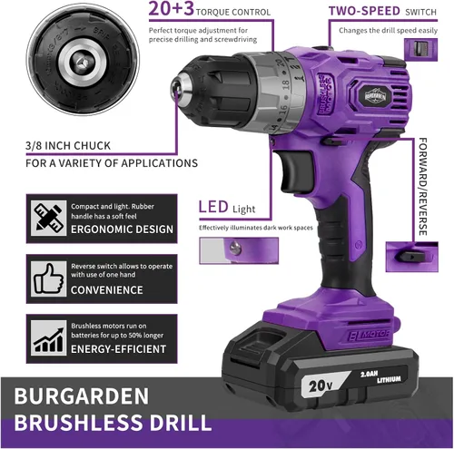 Vista 7 de Juego de taladro inalámbrico sin escobillas morado, kit de controlador de potencia compacto de 20 V con motor eléctrico, ajuste de par de 20+3, 48