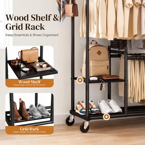 Vista 7 de HOKEEPER Clothes Rack, Double Rods Rolling Clothing Rack for Hanging Clothes, Portable Garment Rack with 3-Tier Storage Shelves, Free Standing