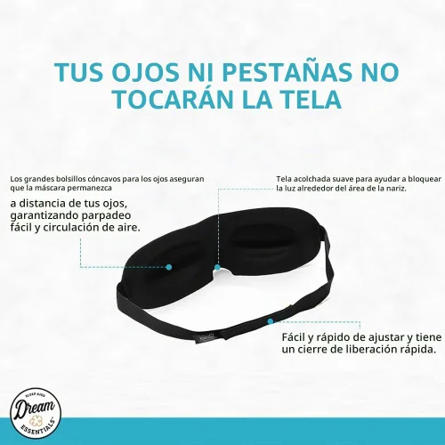 Vista 5 de Antifaz contorneado para dormir Dream Essentials, con tapones para los oídos y funda de transporte, color negro