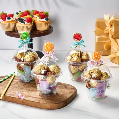 Vista 7 de JOLLY CHEF 200 juegos de vasos de plástico transparente de 9 onzas con tapas de cúpula y forros de papel, vasos de postre de plástico con tapas
