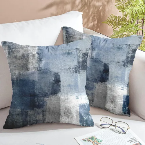 Vista 2 de Almohadas de terciopelo decorativas abstractas de color azul y gris, fundas de almohada de 16 x 16 pulgadas Juego de 2, azul marino, gris, fundas