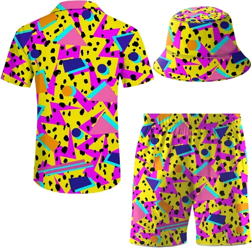 Vista 3 de Conjunto deportivo de 2 piezas para hombre, camisa hawaiana, pantalones cortos, camisa con botones y pantalones cortos con sombreros de pescador