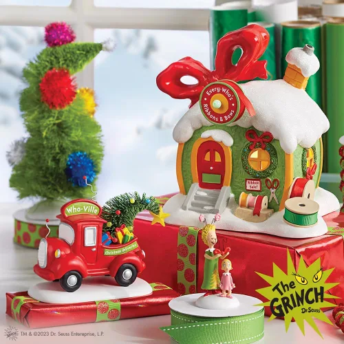 Vista 2 de Department 56 Dr. Seuss Grinch Village Every Who's Ribbon and Bows - Edificio iluminado, 6.93 pulgadas, multicolor