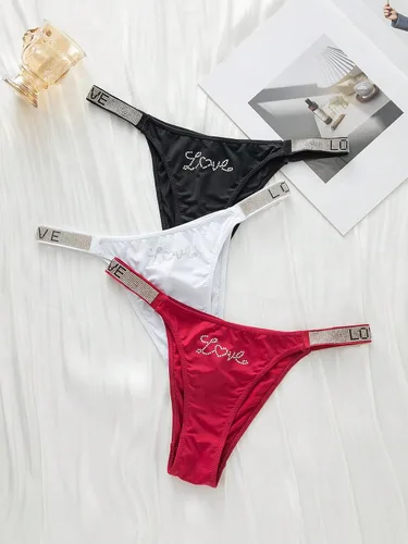 Vista 7 de GORGLITTER Bragas de tanga de 3 piezas para mujer, con estampado de letras y diamantes de imitación, ropa interior de tiro bajo
