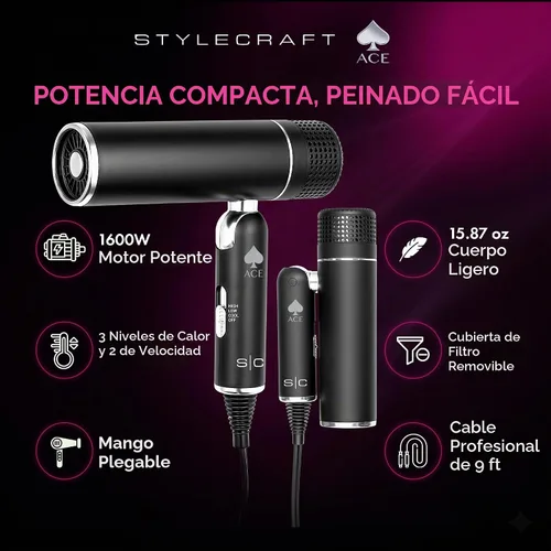 Vista 2 de StyleCraft Secador de pelo plegable Ace con motor de 1600 W, diseño apto