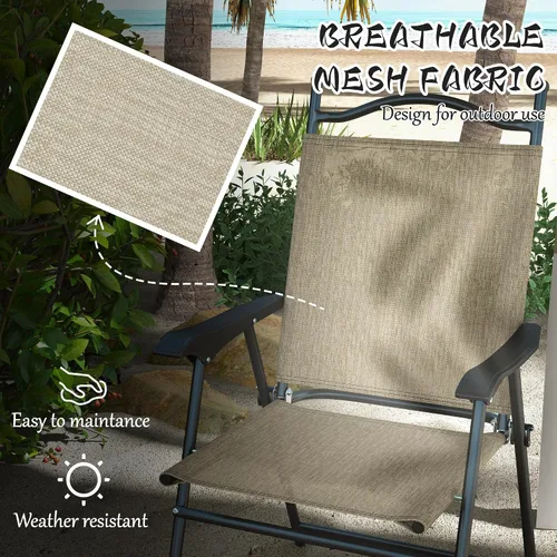 Vista 5 de Outsunny Sillas plegables para patio, juego de 4 sillas deportivas para adultos, sillas de camping con reposabrazos, asiento de tela de malla Beige