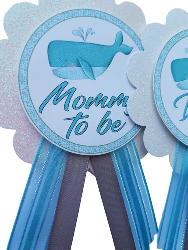 Vista 4 de 2 Mommy & Daddy to Be Pin Whale Ocean Baby Shower It's a Boy for parents to use, Blue & White Sprinkle, Cartulina Cartulina cintas de raso, No es