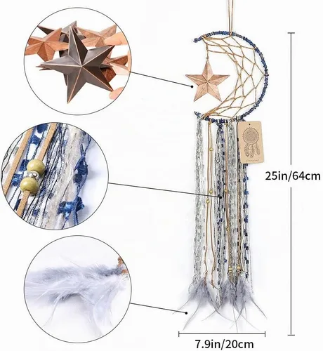 Vista 2 de Dremisland Atrapasueños Azul Hecho a Mano Diseño de Media Luna Atrapasueños de Pluma Colgante con Estrella Decoración del Hogar Ornamento Regalo