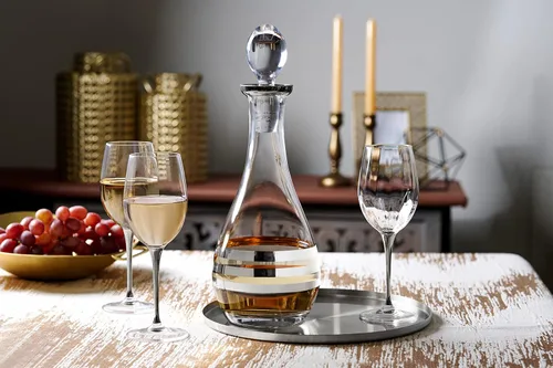 Vista 4 de Decantador de vino de cristal con tapón - jarra - para rojo - blanco - vino - diseño dorado a rayas - cristal de 48 onzas - Hecho en Europa - por