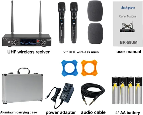 Vista 5 de Berlingtone Sistema de micrófono inalámbrico, 2 micrófonos dinámicos de mano, 120 canales de frecuencia ajustables, caja de metal y micrófono