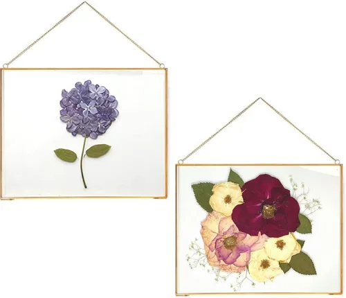 Vista 10 de Beedecor Juego de 2 marcos colgantes de vidrio doble para flores prensadas, hojas y obras de arte, marco flotante de metal grande con cadena, marcos