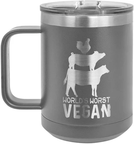 Vista 14 de Worlds Worst - Taza de café vegana negra de 15 onzas con tapa superior deslizante, taza de café de viaje aislada Idea de regalo para barbacoa