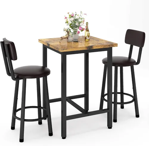 Vista 9 de Recaceik Juego de comedor de 3 piezas, mesa de bar moderna y taburetes para 2 encimeras de cocina, parte superior de madera, fácil de montar